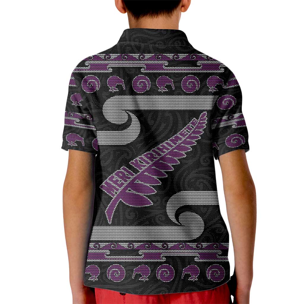 New Zealand Christmas Kid Polo Shirt Meri Kirihimete Silver Fern Knit Style Purple Color LT03 - Polynesian Pride