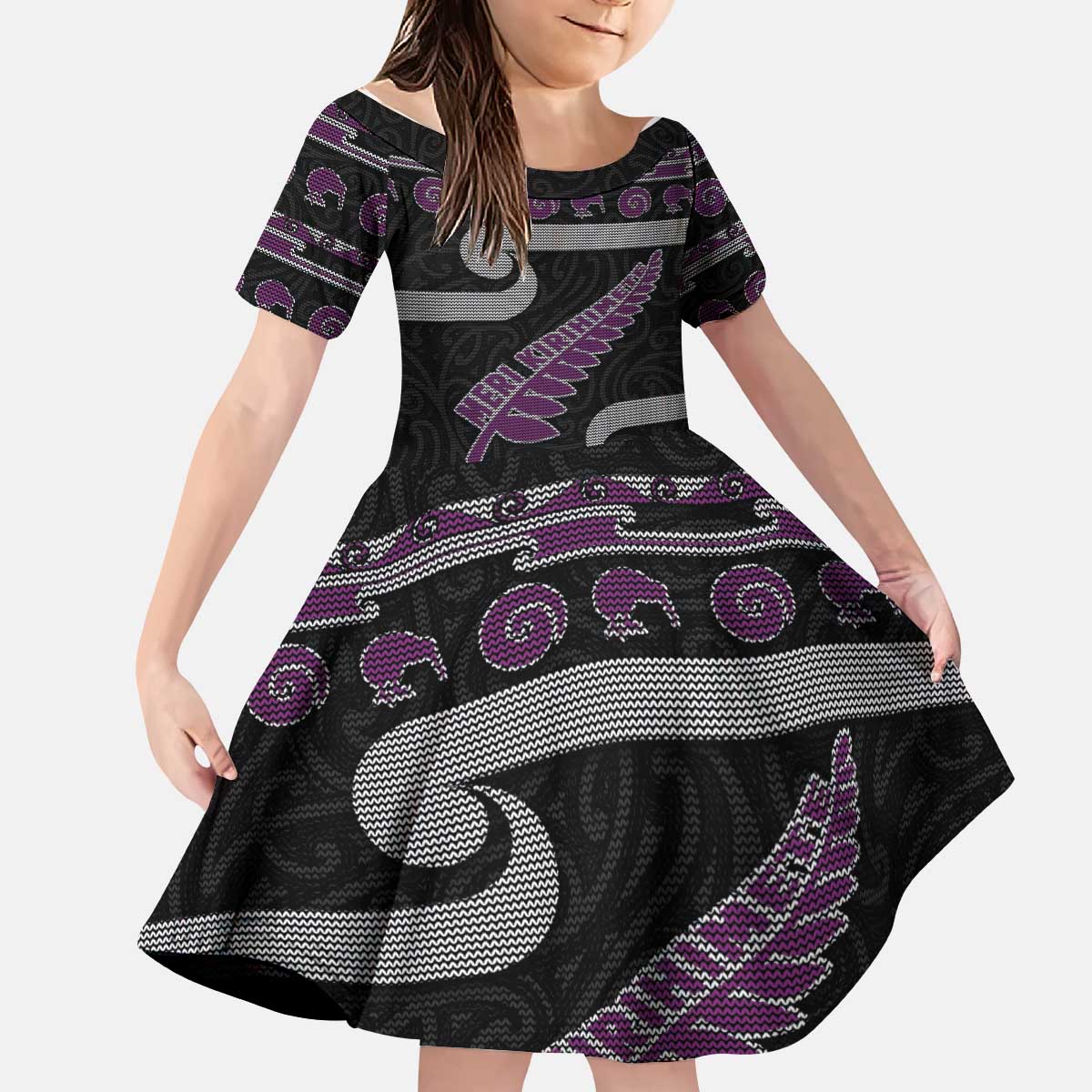 New Zealand Christmas Kid Short Sleeve Dress Meri Kirihimete Silver Fern Knit Style Purple Color LT03 KID Purple - Polynesian Pride