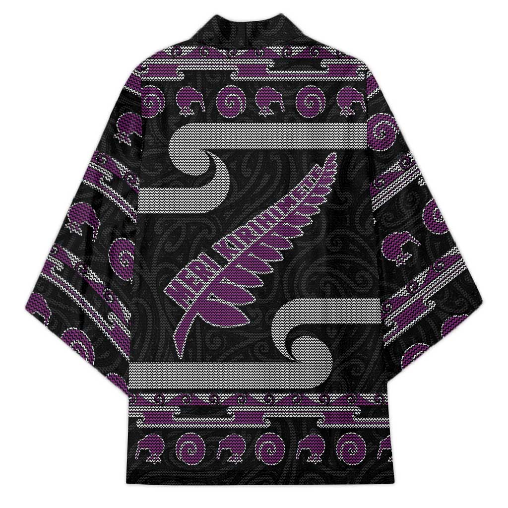 New Zealand Christmas Kimono Meri Kirihimete Silver Fern Knit Style Purple Color LT03 - Polynesian Pride