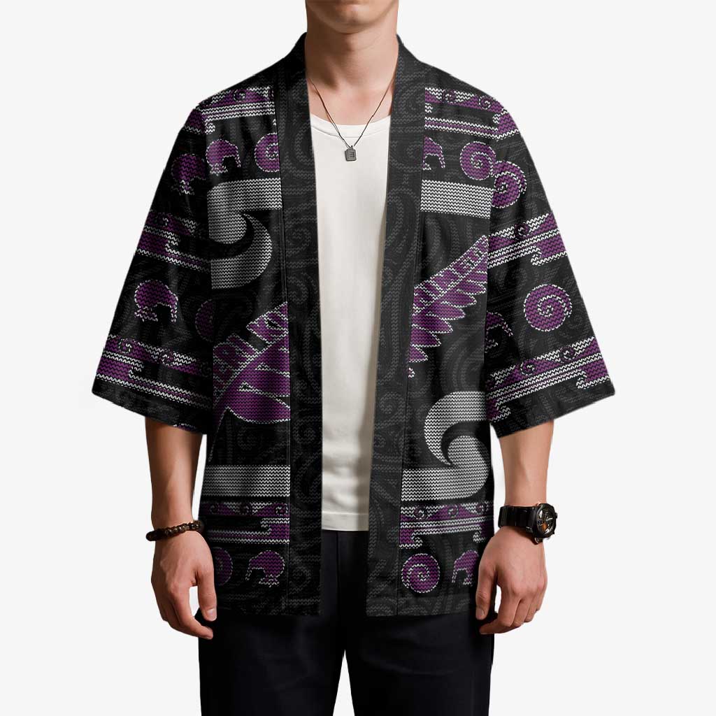 New Zealand Christmas Kimono Meri Kirihimete Silver Fern Knit Style Purple Color LT03 - Polynesian Pride
