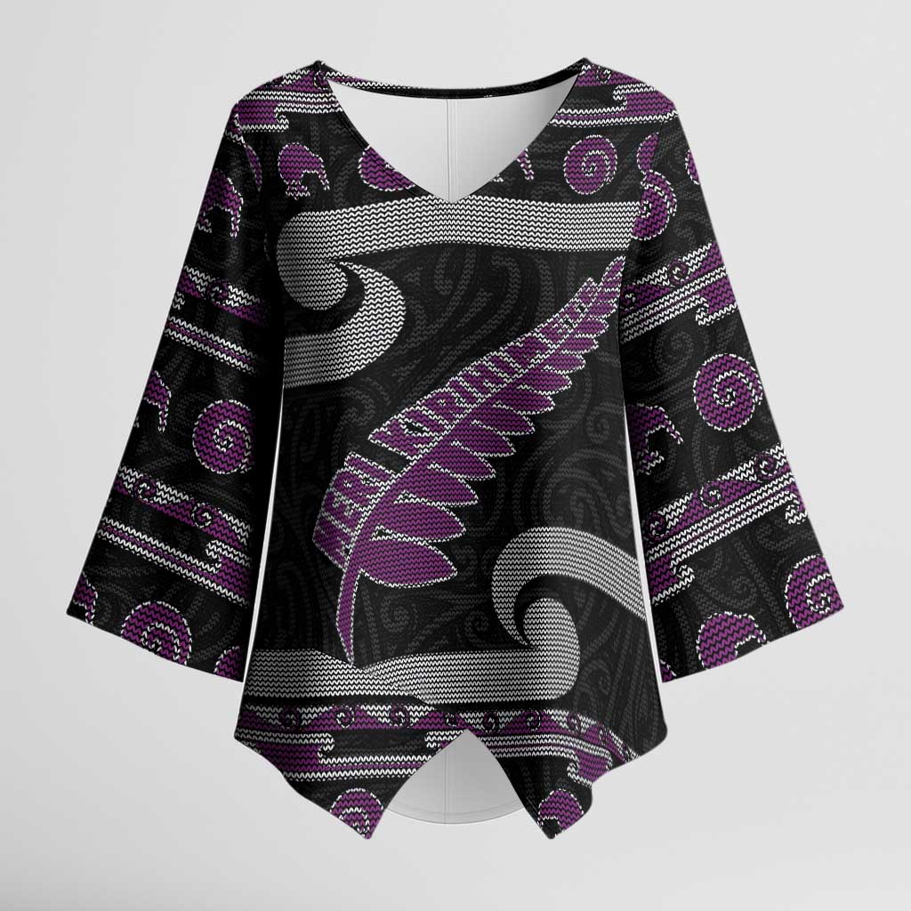 New Zealand Christmas Kimono Sleeve Blouse Meri Kirihimete Silver Fern Knit Style Purple Color LT03 Female Purple - Polynesian Pride
