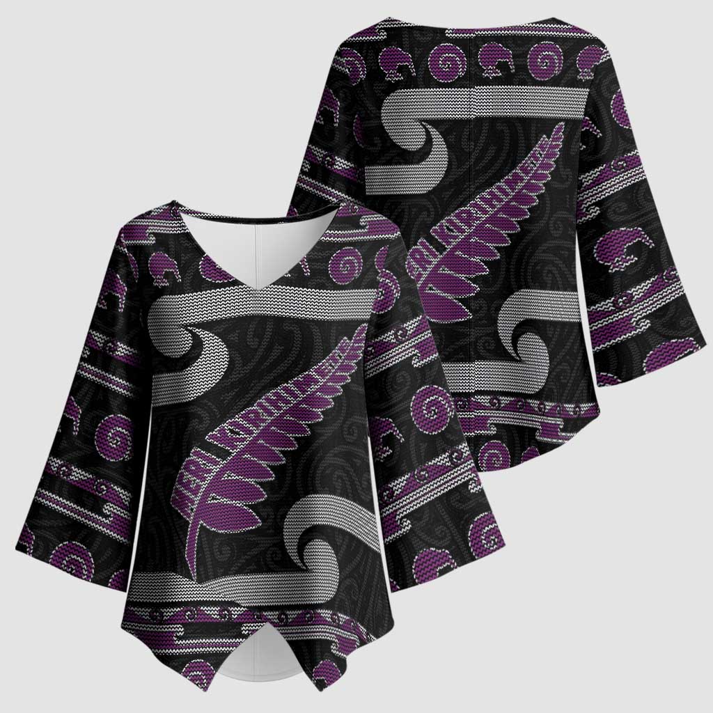 New Zealand Christmas Kimono Sleeve Blouse Meri Kirihimete Silver Fern Knit Style Purple Color LT03 - Polynesian Pride