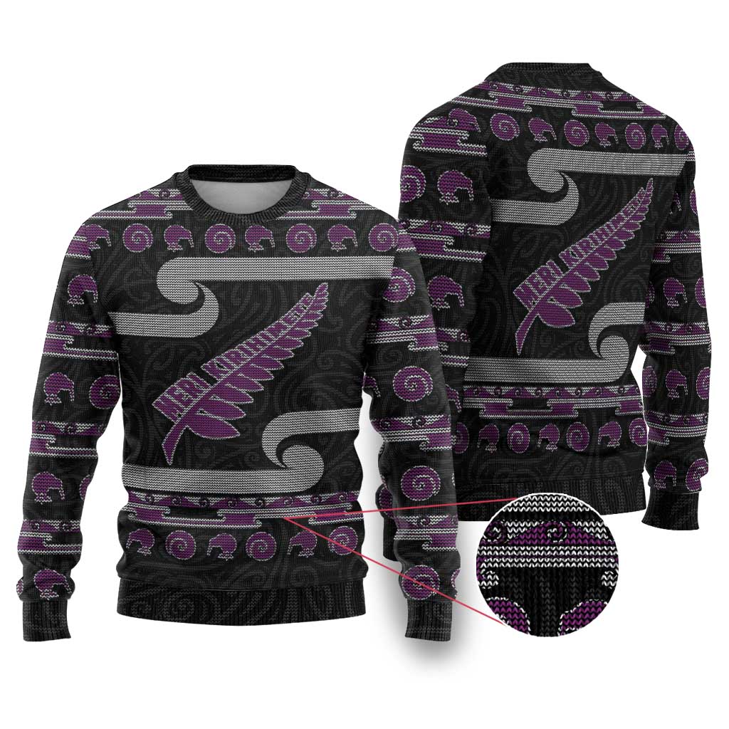 New Zealand Christmas Ugly Christmas Sweater Meri Kirihimete Silver Fern Knit Style Purple Color - Polynesian Pride