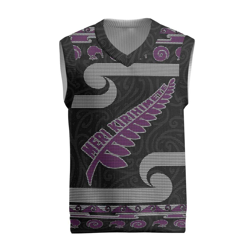 New Zealand Christmas Knitted V-Neck Vest Meri Kirihimete Silver Fern Knit Style Purple Color LT03 Purple - Polynesian Pride