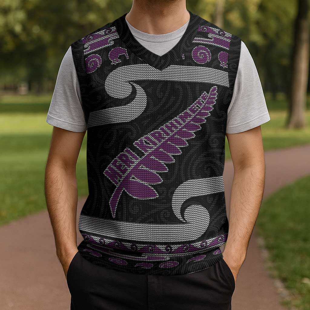 New Zealand Christmas Knitted V-Neck Vest Meri Kirihimete Silver Fern Knit Style Purple Color LT03 - Polynesian Pride