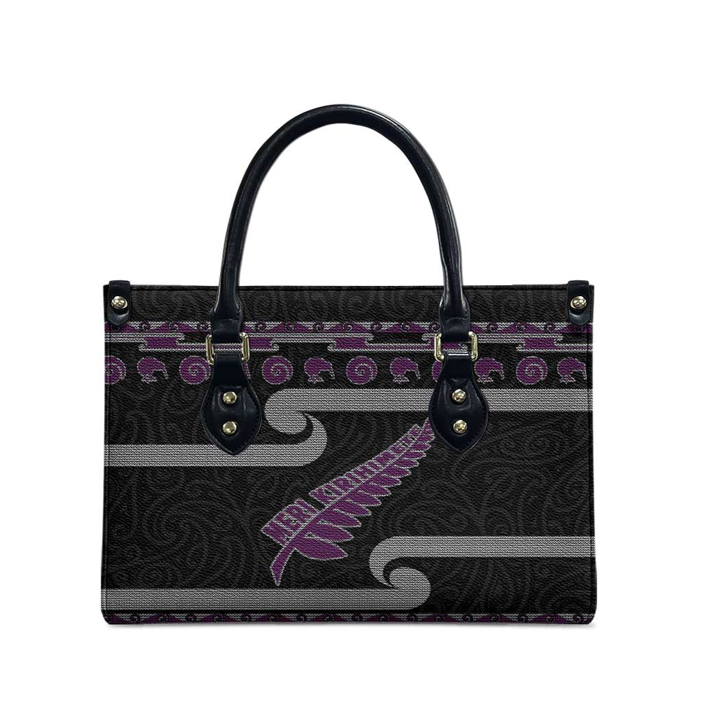 New Zealand Christmas Leather Bag Meri Kirihimete Silver Fern Knit Style Purple Color LT03 - Polynesian Pride