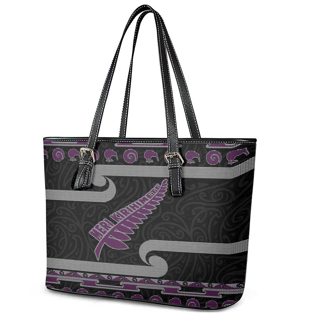 New Zealand Christmas Leather Tote Bag Meri Kirihimete Silver Fern Knit Style Purple Color LT03 - Polynesian Pride