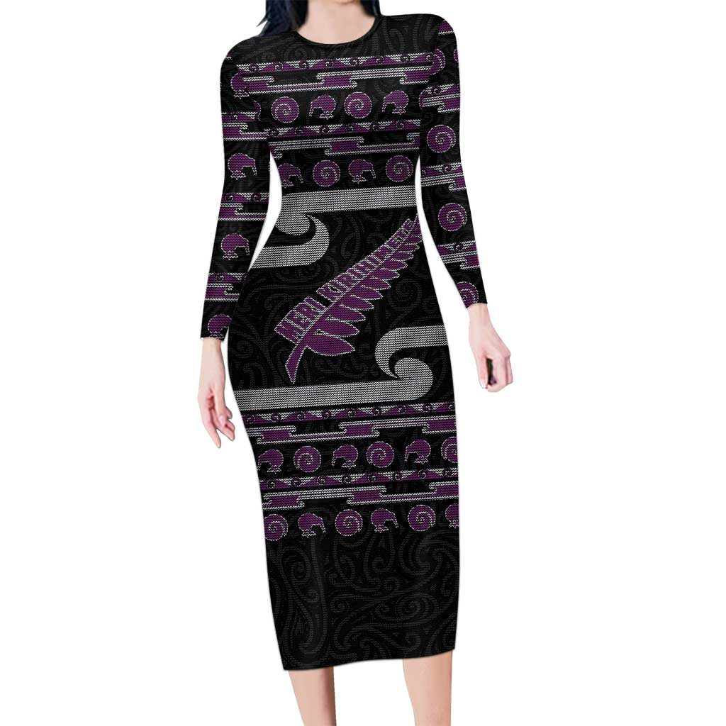 New Zealand Christmas Long Sleeve Bodycon Dress Meri Kirihimete Silver Fern Knit Style Purple Color LT03 Long Dress Purple - Polynesian Pride