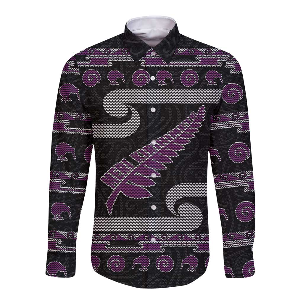 New Zealand Christmas Long Sleeve Button Shirt Meri Kirihimete Silver Fern Knit Style Purple Color LT03 Unisex Purple - Polynesian Pride