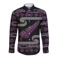 New Zealand Christmas Long Sleeve Button Shirt Meri Kirihimete Silver Fern Knit Style Purple Color LT03 Unisex Purple - Polynesian Pride
