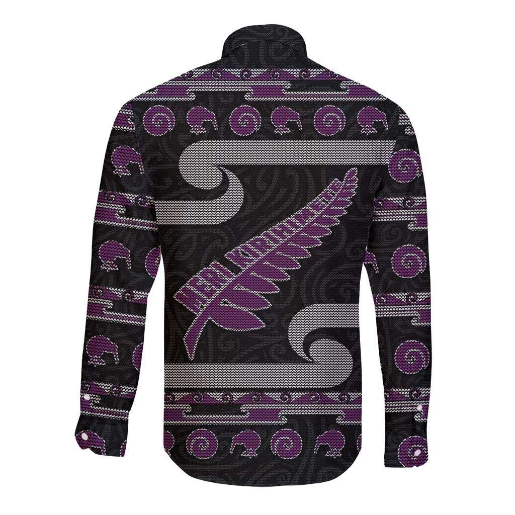 New Zealand Christmas Long Sleeve Button Shirt Meri Kirihimete Silver Fern Knit Style Purple Color LT03 - Polynesian Pride