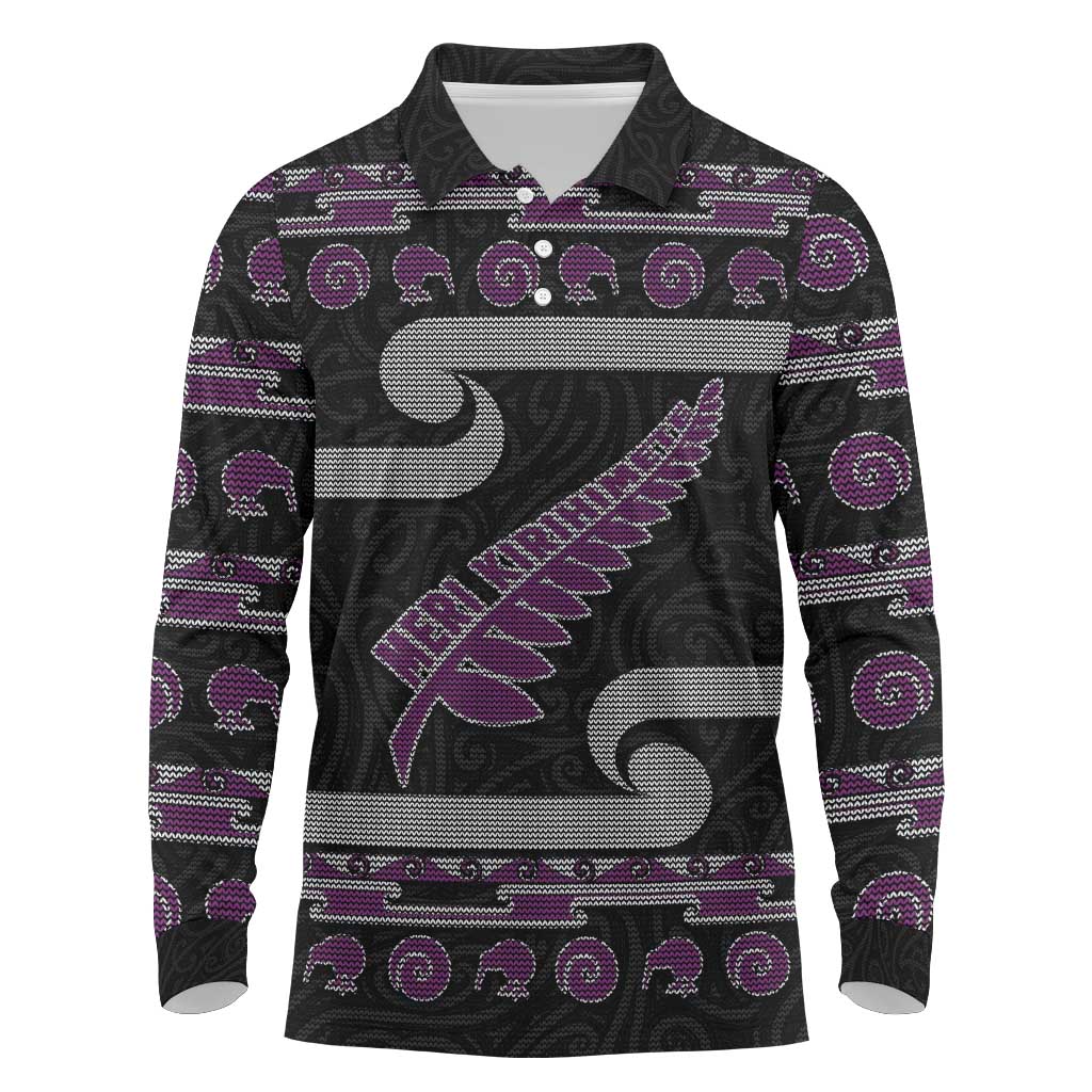 New Zealand Christmas Long Sleeve Polo Shirt Meri Kirihimete Silver Fern Knit Style Purple Color LT03 Purple - Polynesian Pride