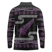 New Zealand Christmas Long Sleeve Polo Shirt Meri Kirihimete Silver Fern Knit Style Purple Color LT03 - Polynesian Pride