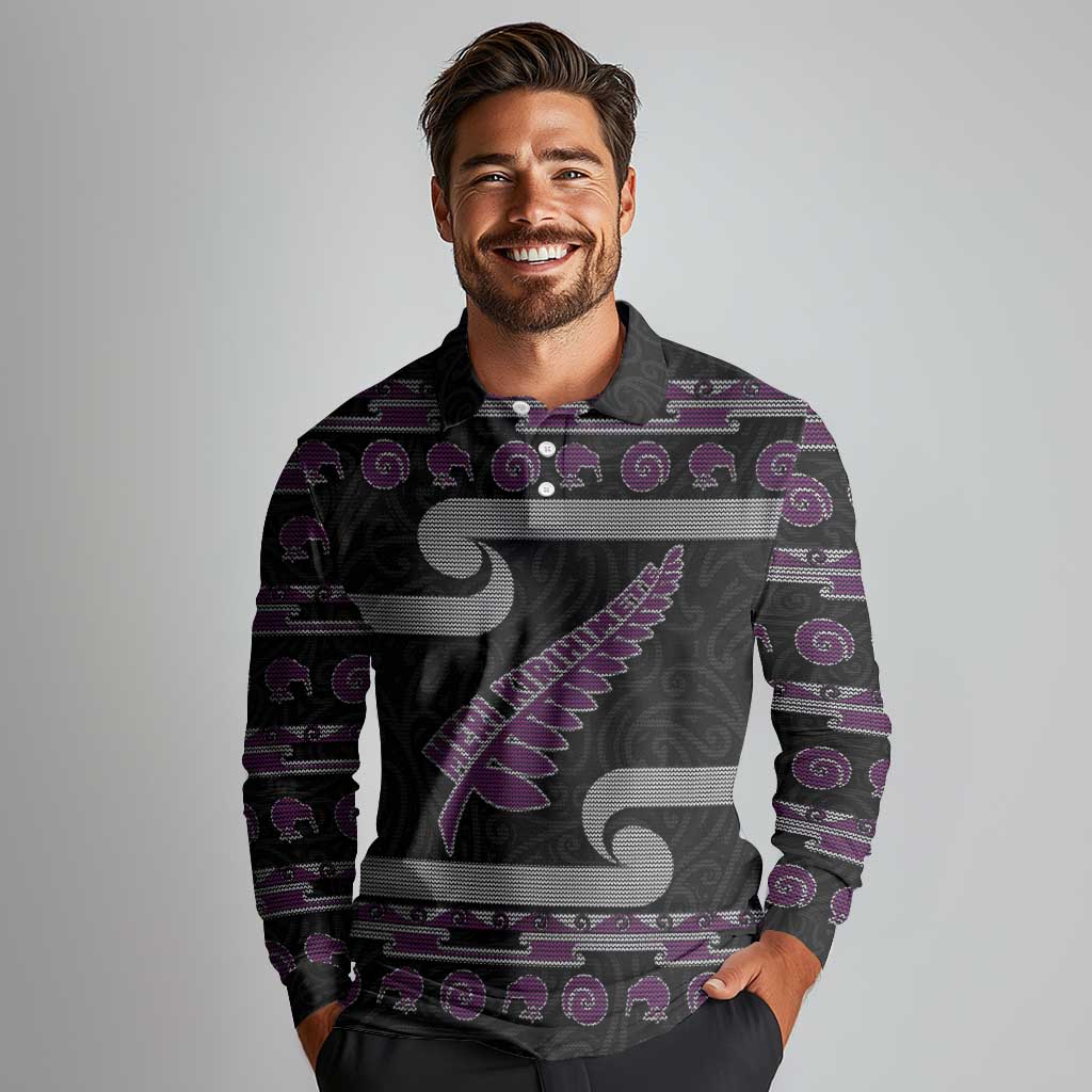 New Zealand Christmas Long Sleeve Polo Shirt Meri Kirihimete Silver Fern Knit Style Purple Color LT03 - Polynesian Pride