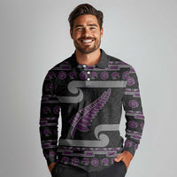 New Zealand Christmas Long Sleeve Polo Shirt Meri Kirihimete Silver Fern Knit Style Purple Color LT03 - Polynesian Pride