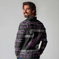New Zealand Christmas Long Sleeve Polo Shirt Meri Kirihimete Silver Fern Knit Style Purple Color LT03 - Polynesian Pride