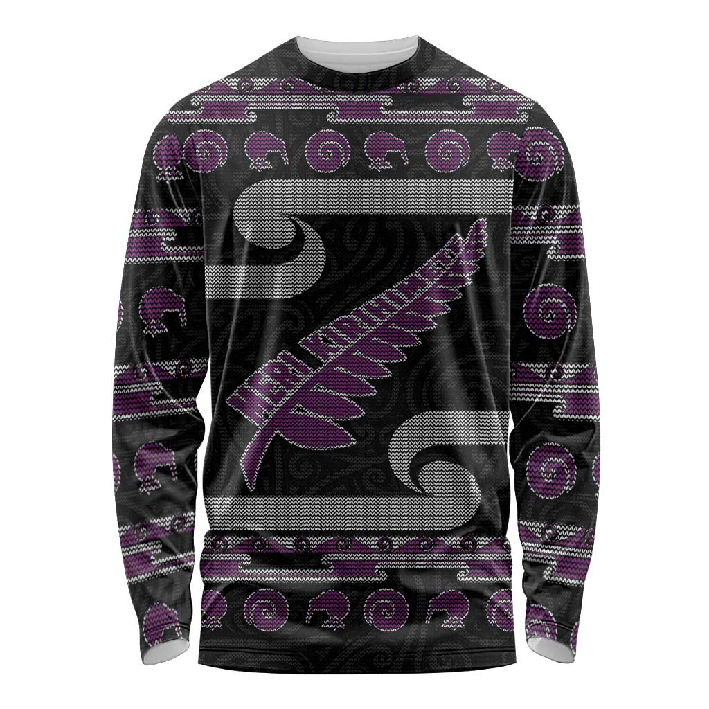 New Zealand Christmas Long Sleeve Shirt Meri Kirihimete Silver Fern Knit Style Purple Color LT03 Unisex Purple - Polynesian Pride
