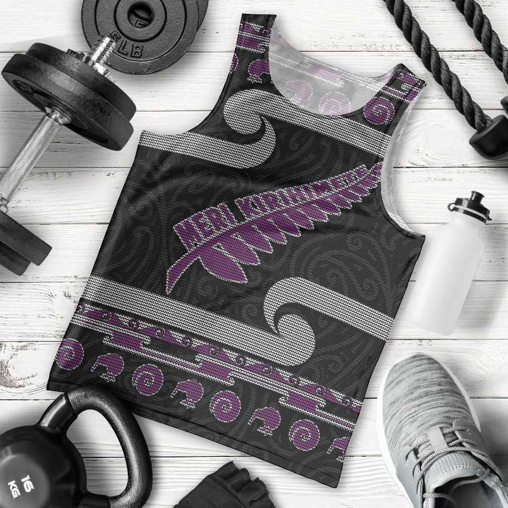 New Zealand Christmas Men Tank Top Meri Kirihimete Silver Fern Knit Style Purple Color LT03 - Polynesian Pride
