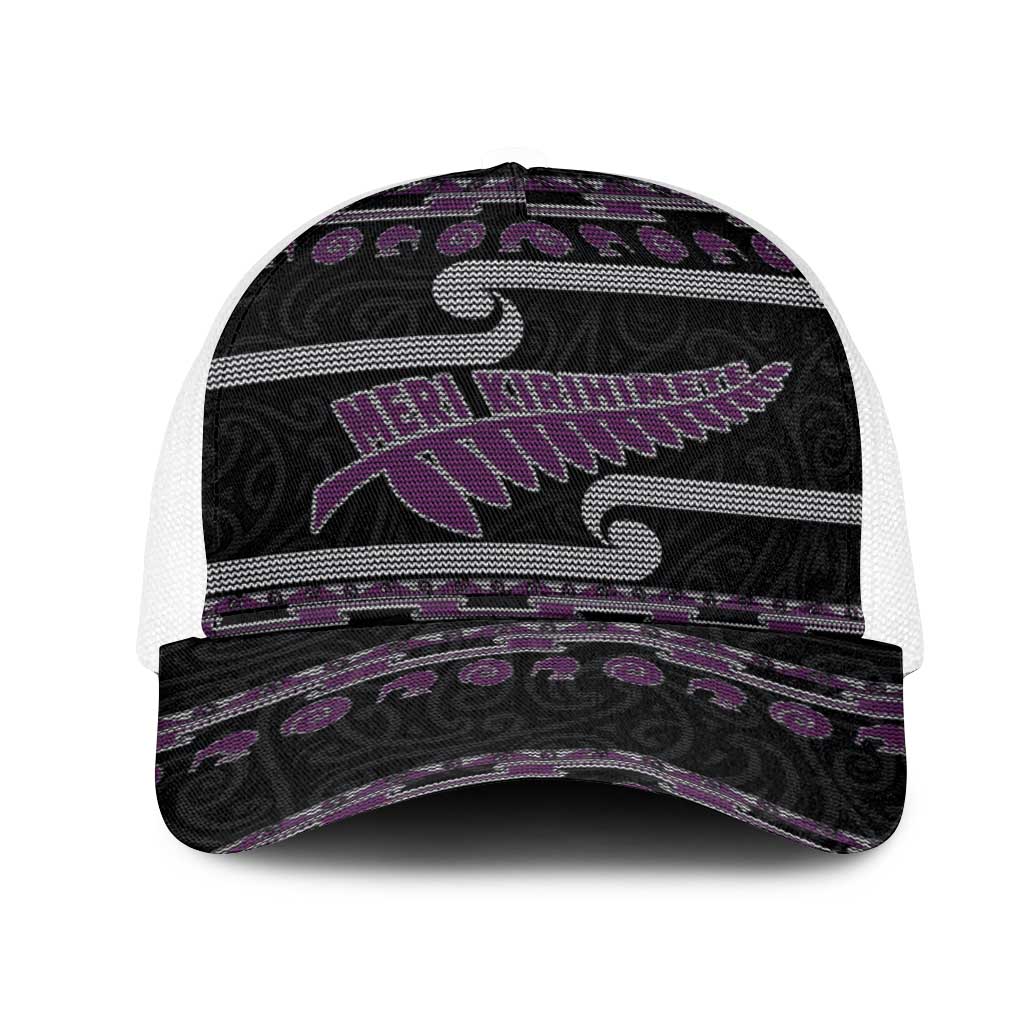 New Zealand Christmas Mesh Trucker Cap Meri Kirihimete Silver Fern Knit Style Purple Color - Polynesian Pride