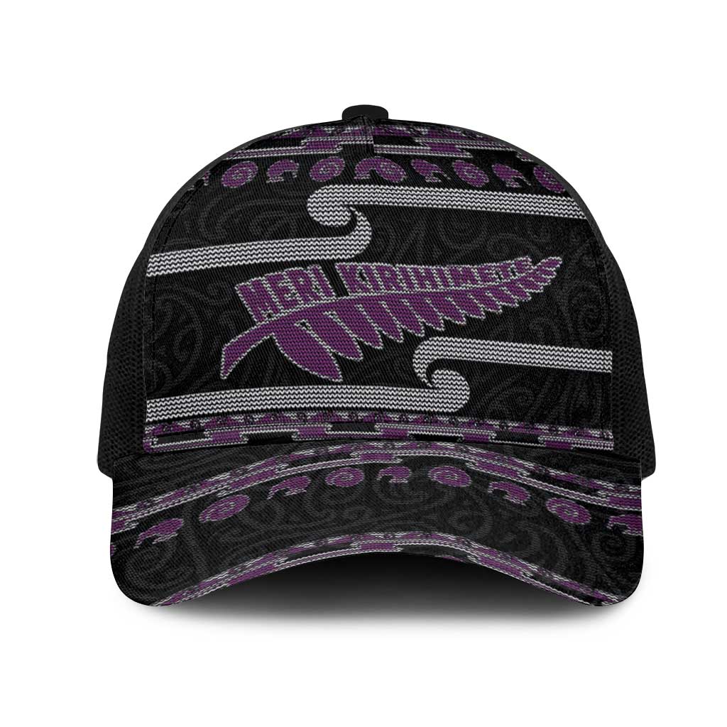 New Zealand Christmas Mesh Trucker Cap Meri Kirihimete Silver Fern Knit Style Purple Color LT03 One Size Black Purple - Polynesian Pride