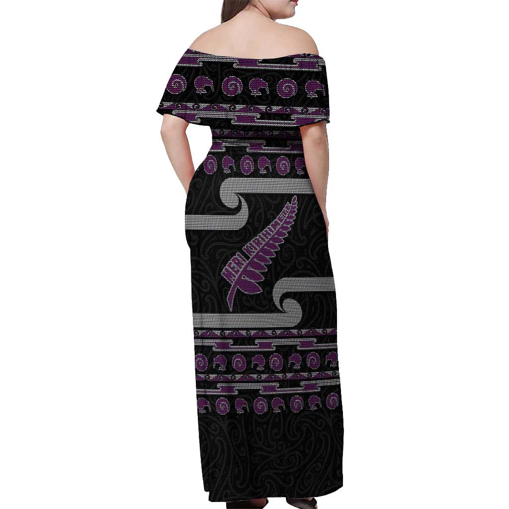 New Zealand Christmas Off Shoulder Maxi Dress Meri Kirihimete Silver Fern Knit Style Purple Color LT03 - Polynesian Pride