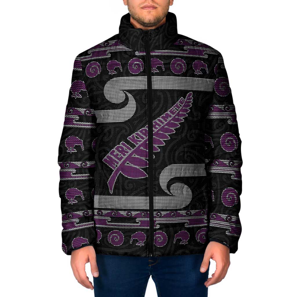 New Zealand Christmas Padded Jacket Meri Kirihimete Silver Fern Knit Style Purple Color LT03 Men Purple - Polynesian Pride