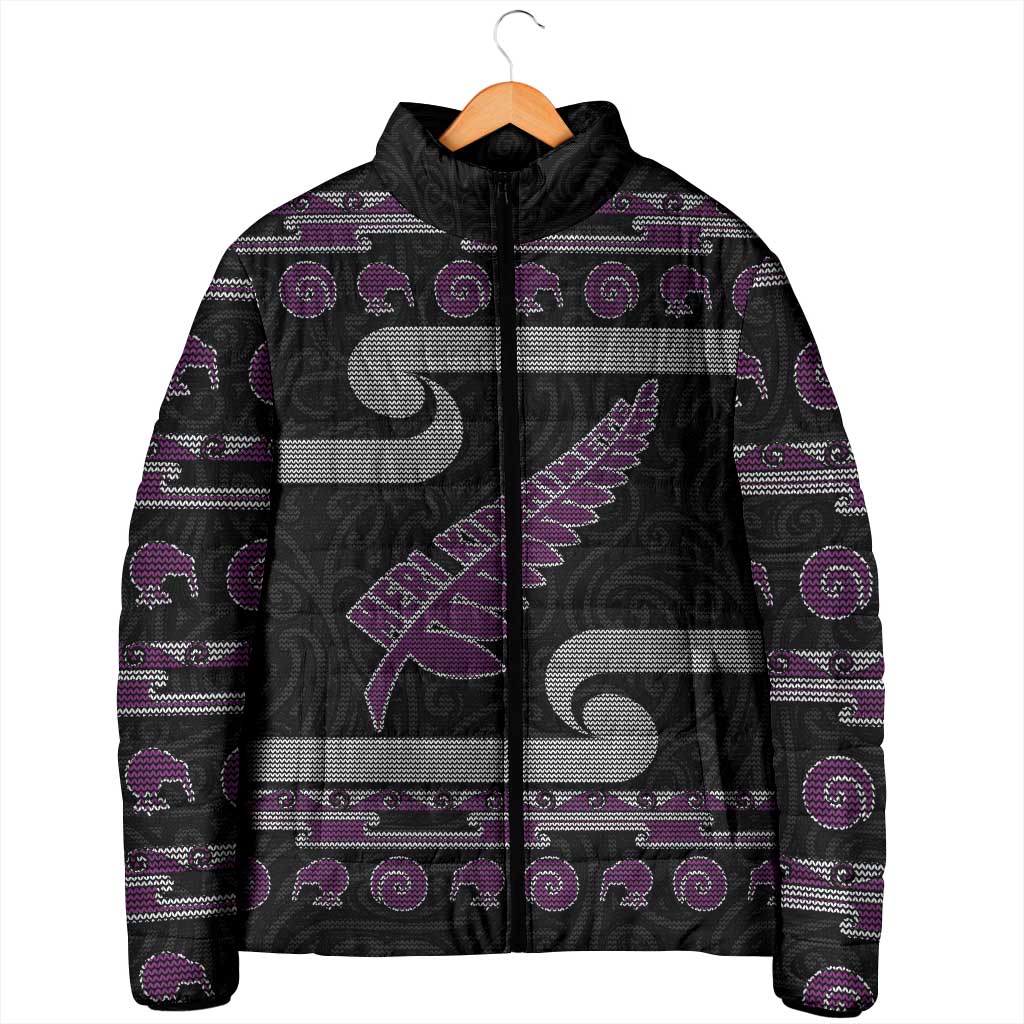 New Zealand Christmas Padded Jacket Meri Kirihimete Silver Fern Knit Style Purple Color LT03 - Polynesian Pride