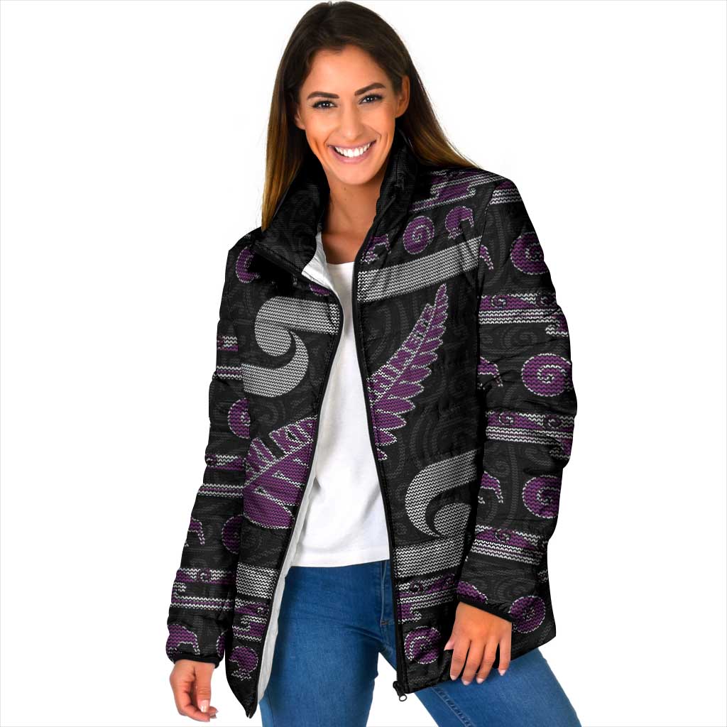 New Zealand Christmas Padded Jacket Meri Kirihimete Silver Fern Knit Style Purple Color LT03 Women Purple - Polynesian Pride