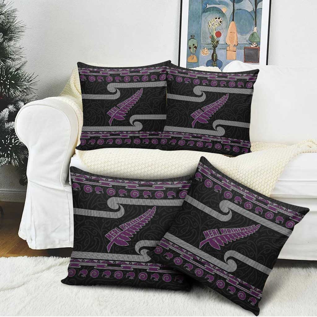 New Zealand Christmas Pillow Cover Meri Kirihimete Silver Fern Knit Style Purple Color LT03 - Polynesian Pride