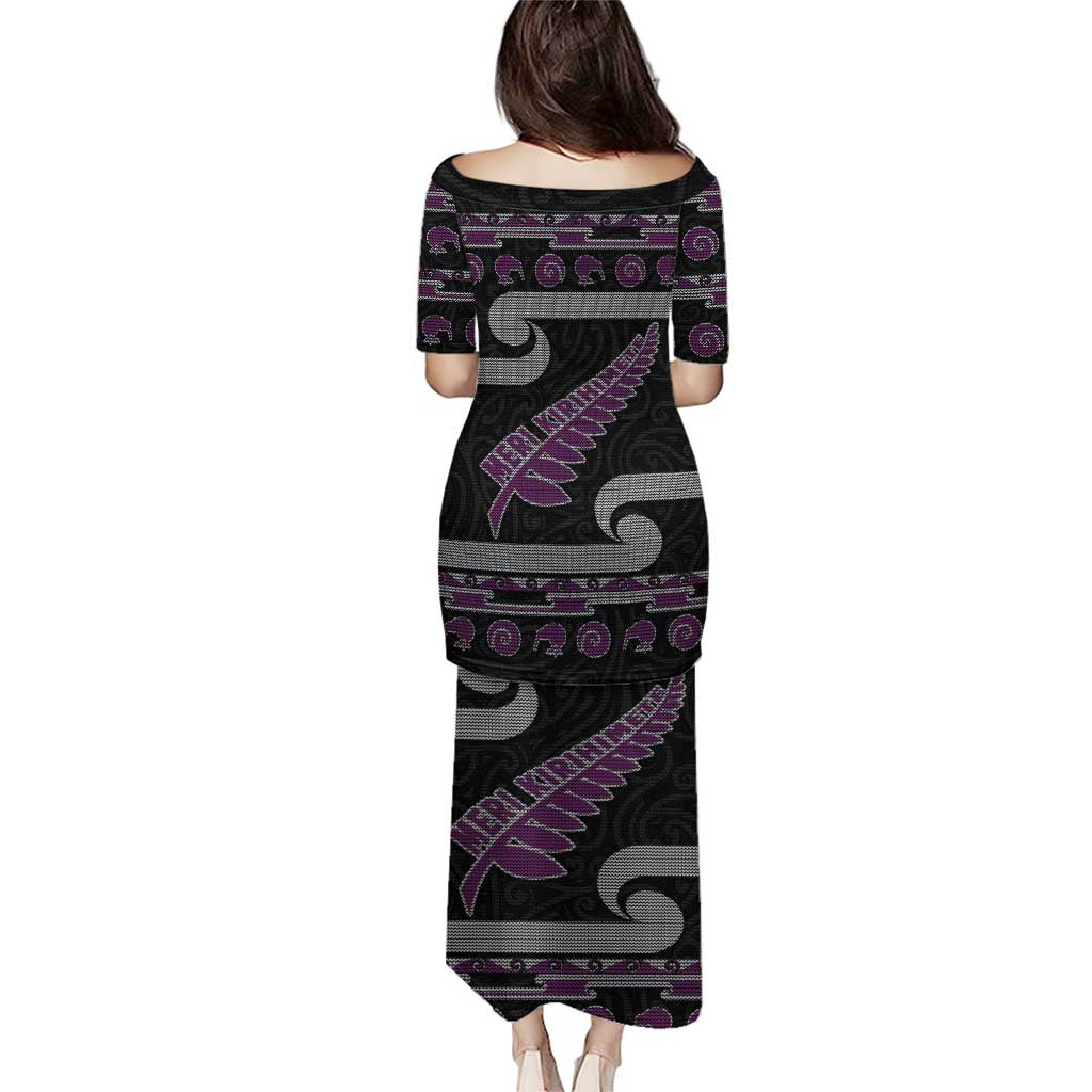 New Zealand Christmas Puletasi Meri Kirihimete Silver Fern Knit Style Purple Color LT03 - Polynesian Pride