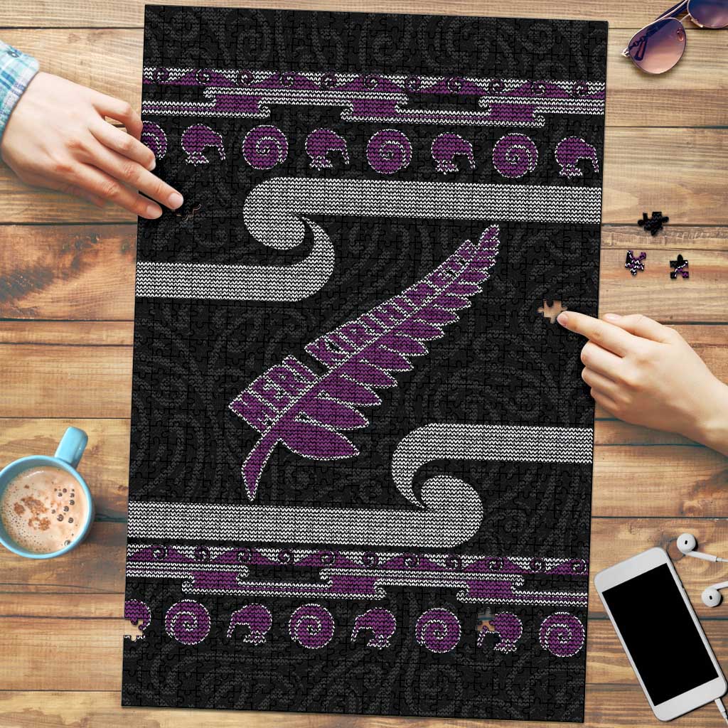 New Zealand Christmas Puzzle Meri Kirihimete Silver Fern Knit Style Purple Color LT03 Purple - Polynesian Pride