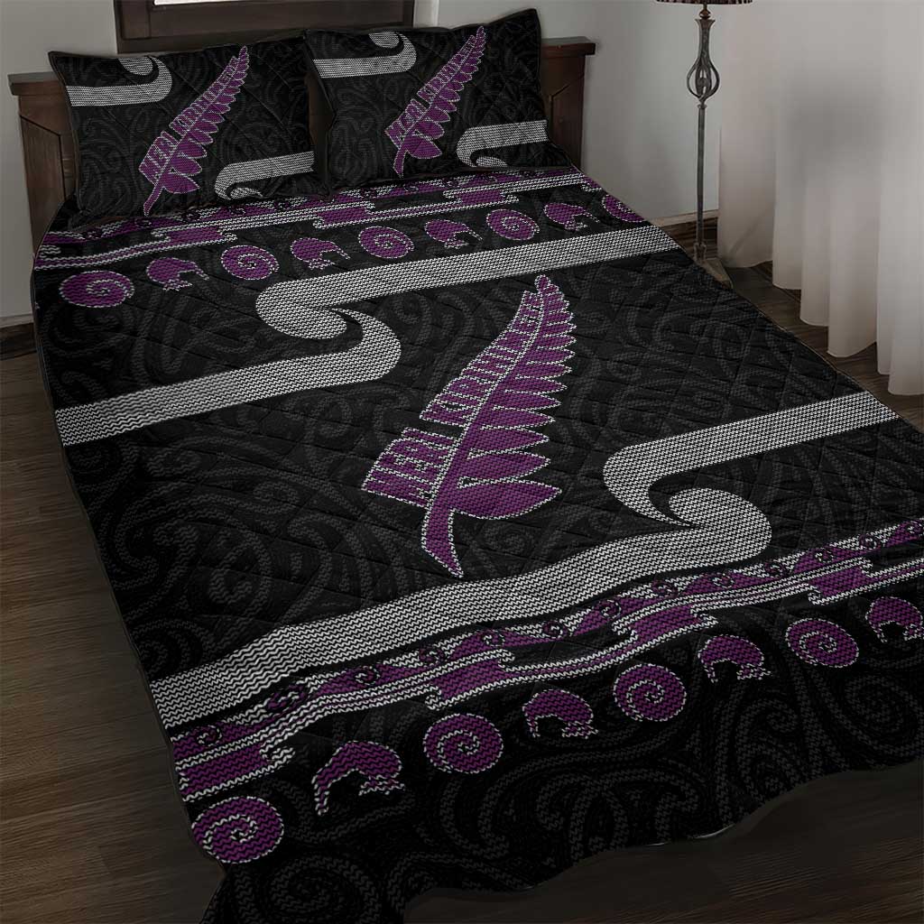 New Zealand Christmas Quilt Bed Set Meri Kirihimete Silver Fern Knit Style Purple Color LT03 Purple - Polynesian Pride