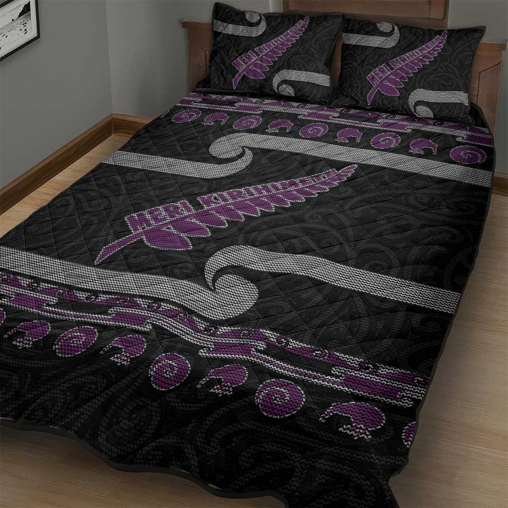 New Zealand Christmas Quilt Bed Set Meri Kirihimete Silver Fern Knit Style Purple Color LT03 - Polynesian Pride