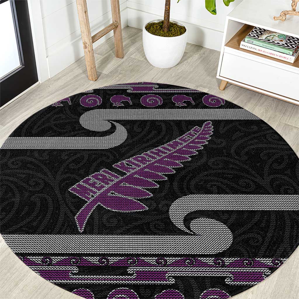 New Zealand Christmas Round Carpet Meri Kirihimete Silver Fern Knit Style Purple Color LT03 Purple - Polynesian Pride