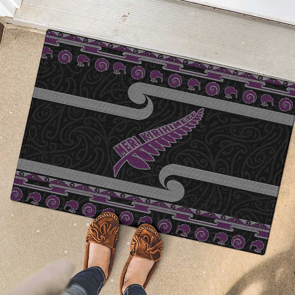 New Zealand Christmas Rubber Doormat Meri Kirihimete Silver Fern Knit Style Purple Color LT03 - Polynesian Pride
