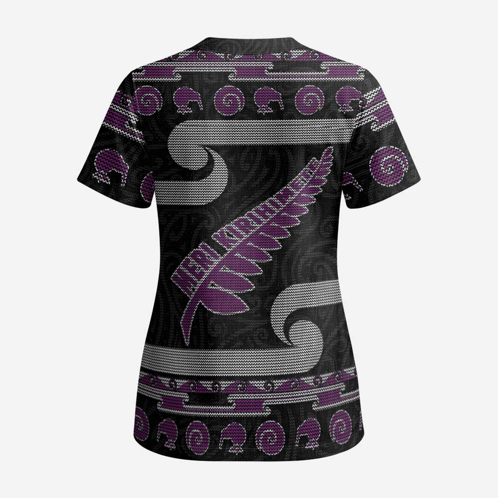 New Zealand Christmas Scrub Top Meri Kirihimete Silver Fern Knit Style Purple Color LT03 - Polynesian Pride