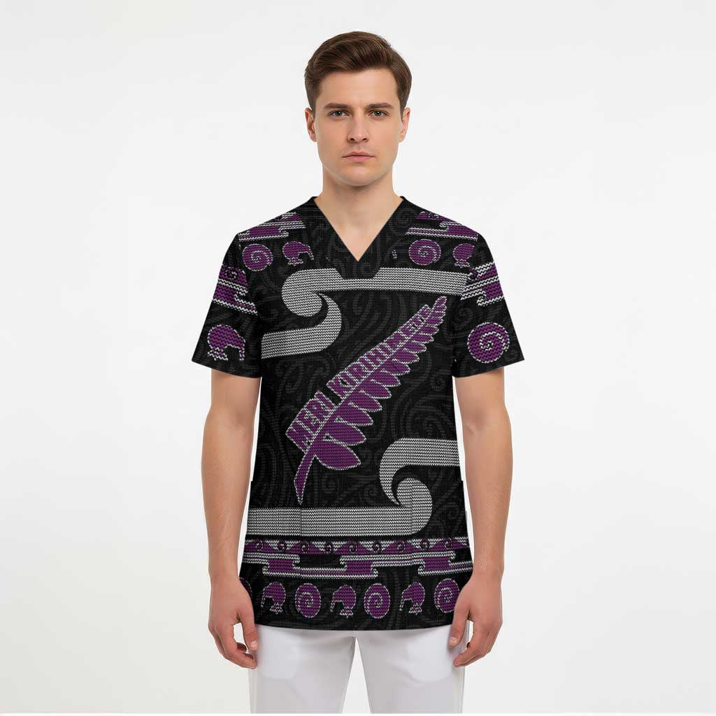 New Zealand Christmas Scrub Top Meri Kirihimete Silver Fern Knit Style Purple Color LT03 - Polynesian Pride