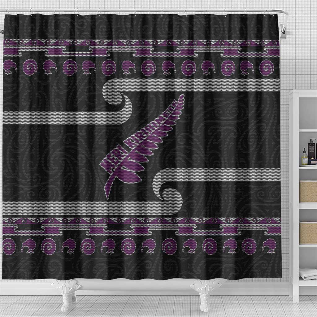 New Zealand Christmas Shower Curtain Meri Kirihimete Silver Fern Knit Style Purple Color LT03 - Polynesian Pride