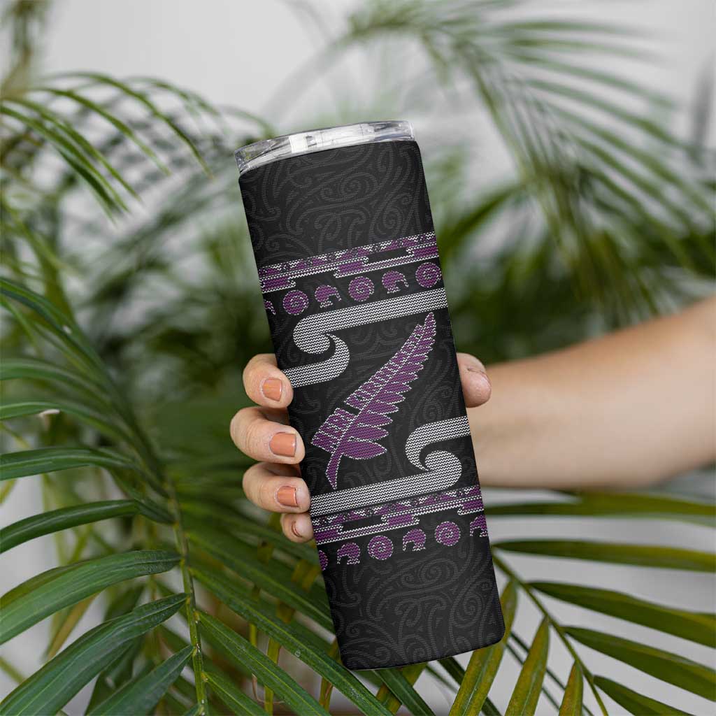 New Zealand Christmas Skinny Tumbler Meri Kirihimete Silver Fern Knit Style Purple Color LT03 - Polynesian Pride