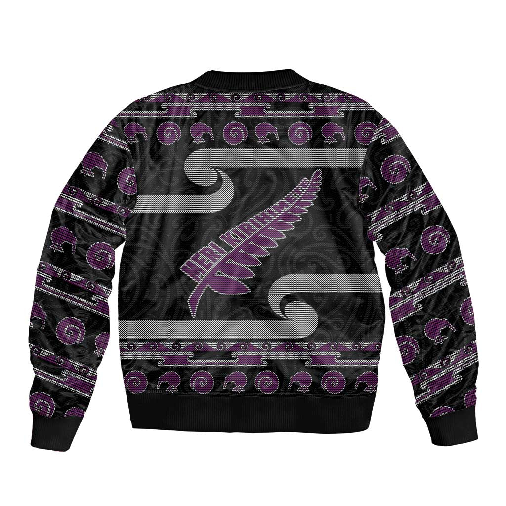 New Zealand Christmas Sleeve Zip Bomber Jacket Meri Kirihimete Silver Fern Knit Style Purple Color LT03 - Polynesian Pride