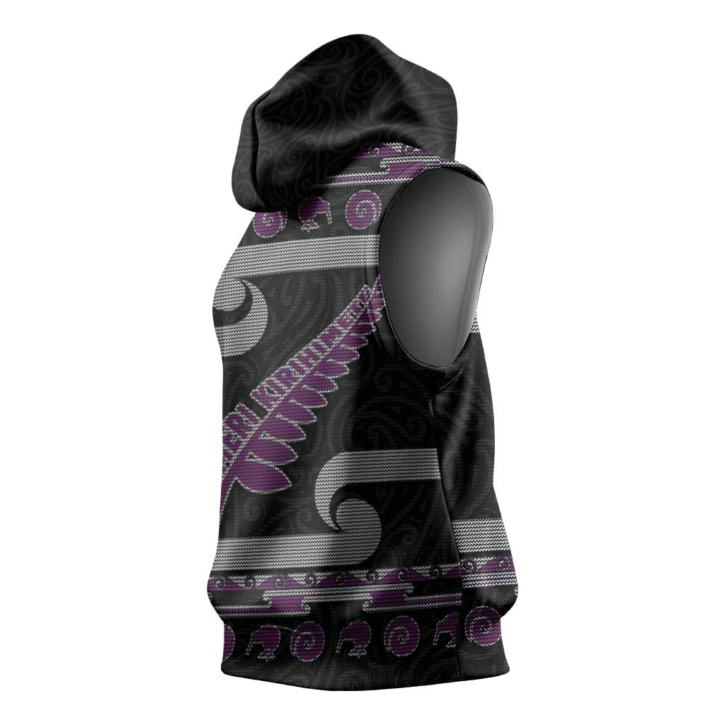 New Zealand Christmas Sleeveless Hoodie Meri Kirihimete Silver Fern Knit Style Purple Color LT03 - Polynesian Pride