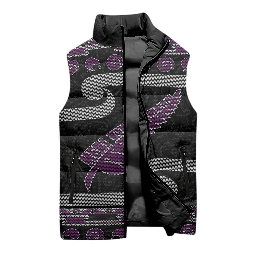 New Zealand Christmas Sleeveless Puffer Jacket Meri Kirihimete Silver Fern Knit Style Purple Color LT03 - Polynesian Pride