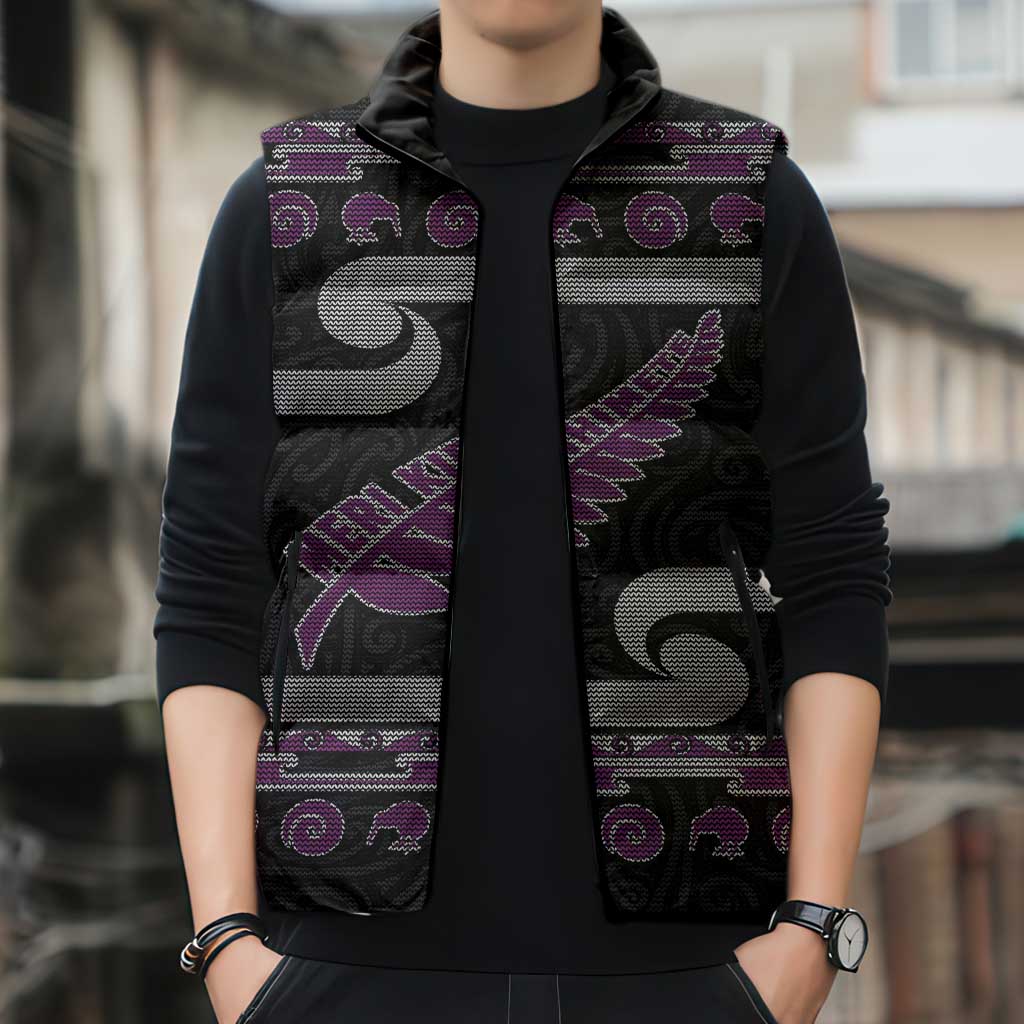 New Zealand Christmas Sleeveless Puffer Jacket Meri Kirihimete Silver Fern Knit Style Purple Color LT03 - Polynesian Pride