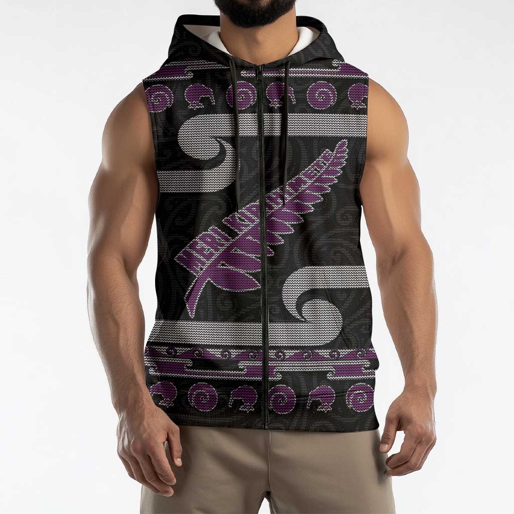 New Zealand Christmas Sleeveless Zip Hoodie Meri Kirihimete Silver Fern Knit Style Purple Color LT03 - Polynesian Pride