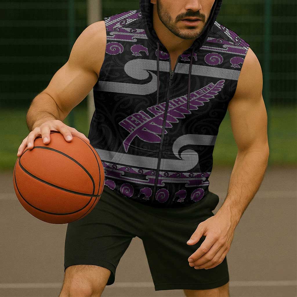New Zealand Christmas Sleeveless Zip Hoodie Meri Kirihimete Silver Fern Knit Style Purple Color LT03 - Polynesian Pride