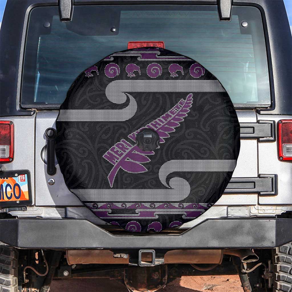 New Zealand Christmas Spare Tire Cover Meri Kirihimete Silver Fern Knit Style Purple Color - Polynesian Pride