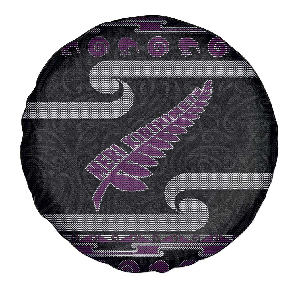 New Zealand Christmas Spare Tire Cover Meri Kirihimete Silver Fern Knit Style Purple Color LT03 - Polynesian Pride