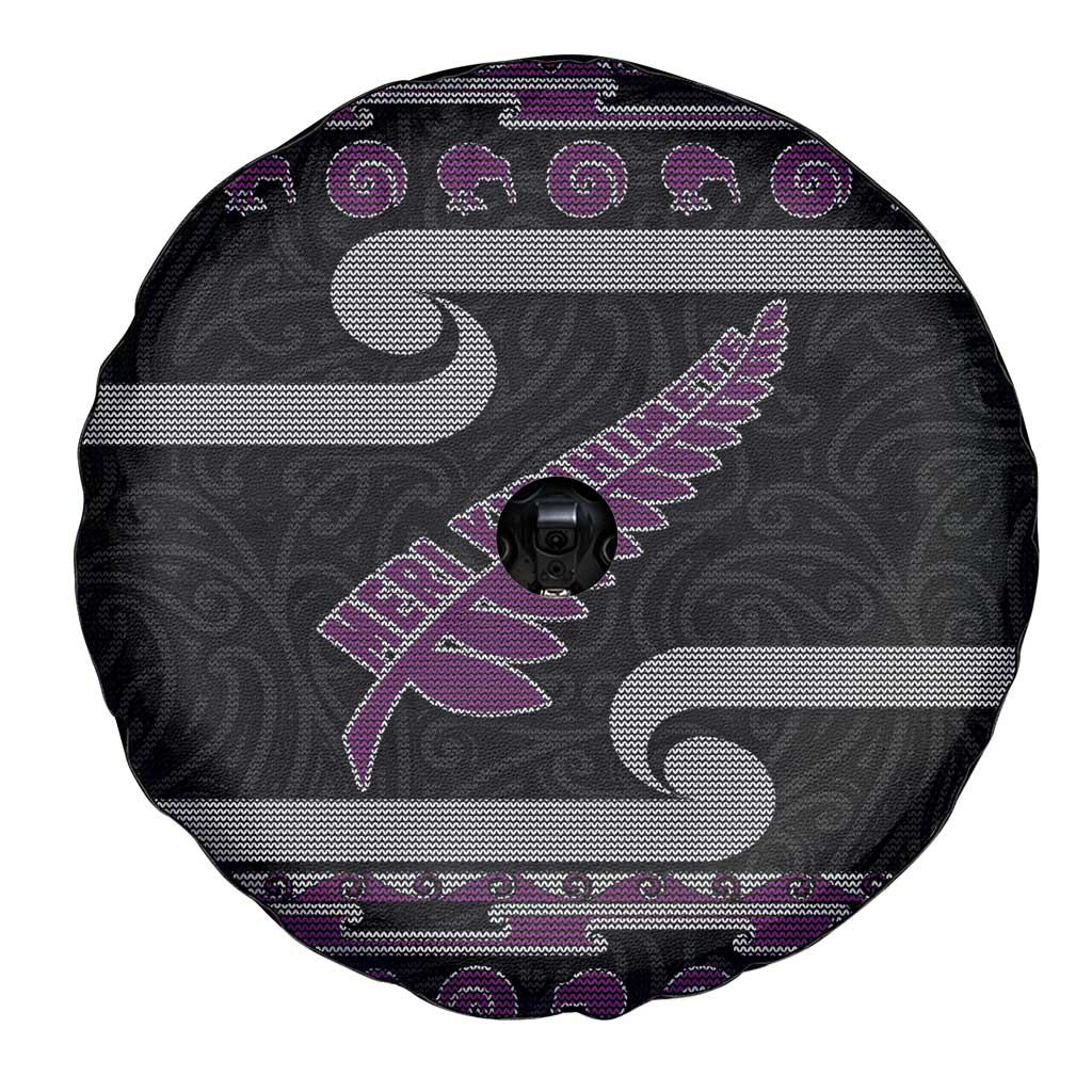 New Zealand Christmas Spare Tire Cover Meri Kirihimete Silver Fern Knit Style Purple Color LT03 - Polynesian Pride