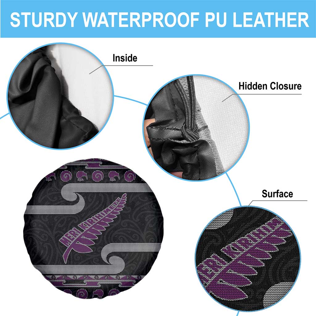New Zealand Christmas Spare Tire Cover Meri Kirihimete Silver Fern Knit Style Purple Color LT03 - Polynesian Pride