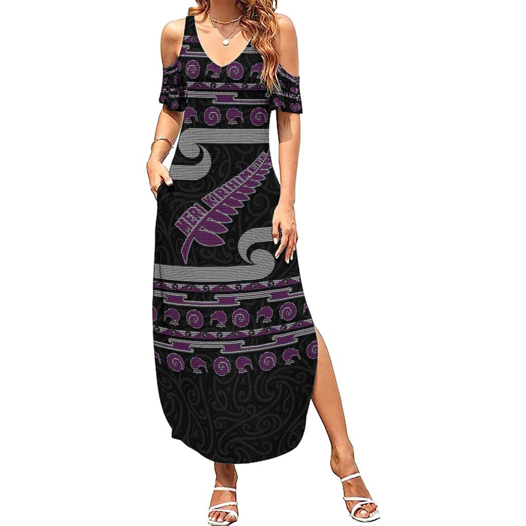 New Zealand Christmas Summer Maxi Dress Meri Kirihimete Silver Fern Knit Style Purple Color LT03 Women Purple - Polynesian Pride